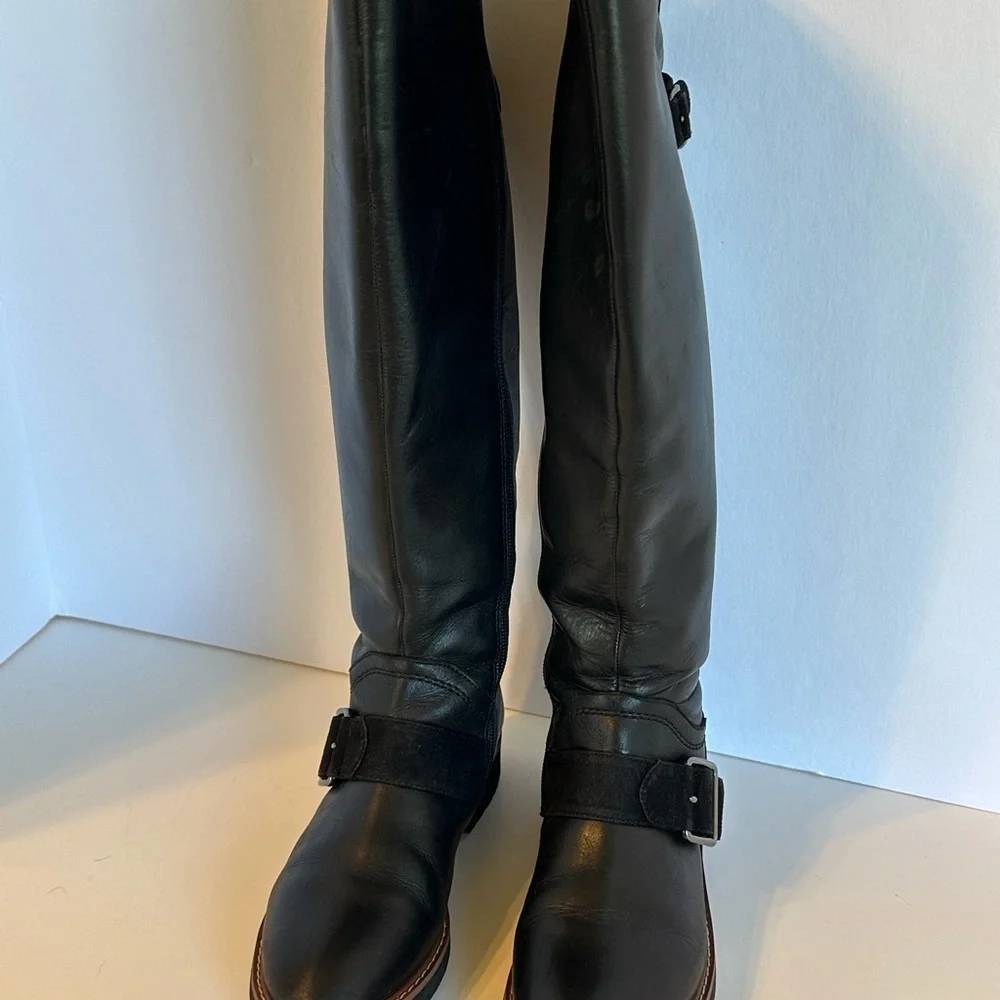 Franco Sarto Black Leather Knee-High Riding Boots with Buckle Sz 5